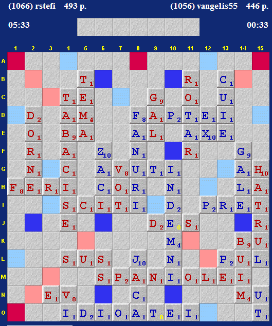 Meciul zilei la Internet Scrabble Club, ISC. Rstefi vs Vangelis55 493 - 446.