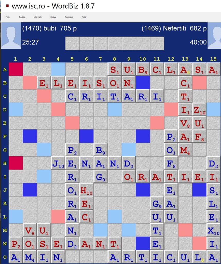 Maestrul Sportului Bubi vs Nefertiti (robot) 705-682, Scrabble clasic, Internet Scrabble Club, ISC, 12 iunie 2021