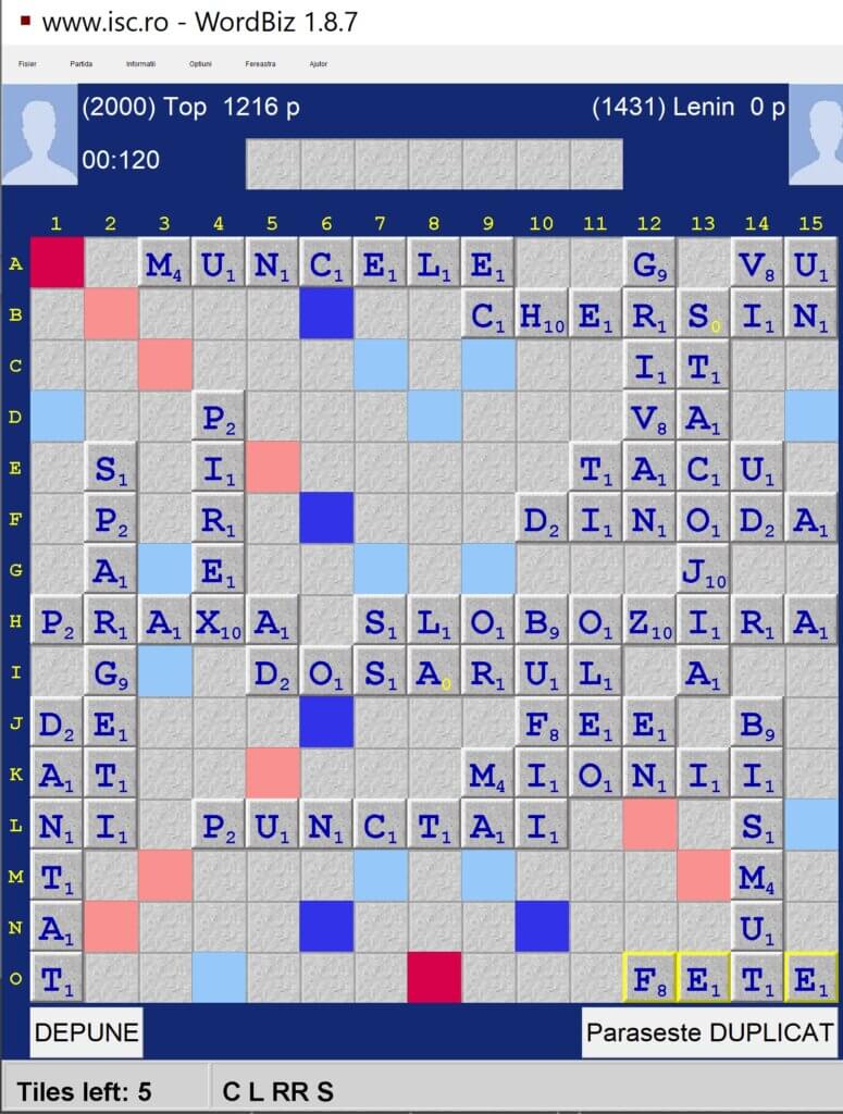 Scrabble Duplicat, Internet Scrabble Club, ISC, 11 iulie 2021